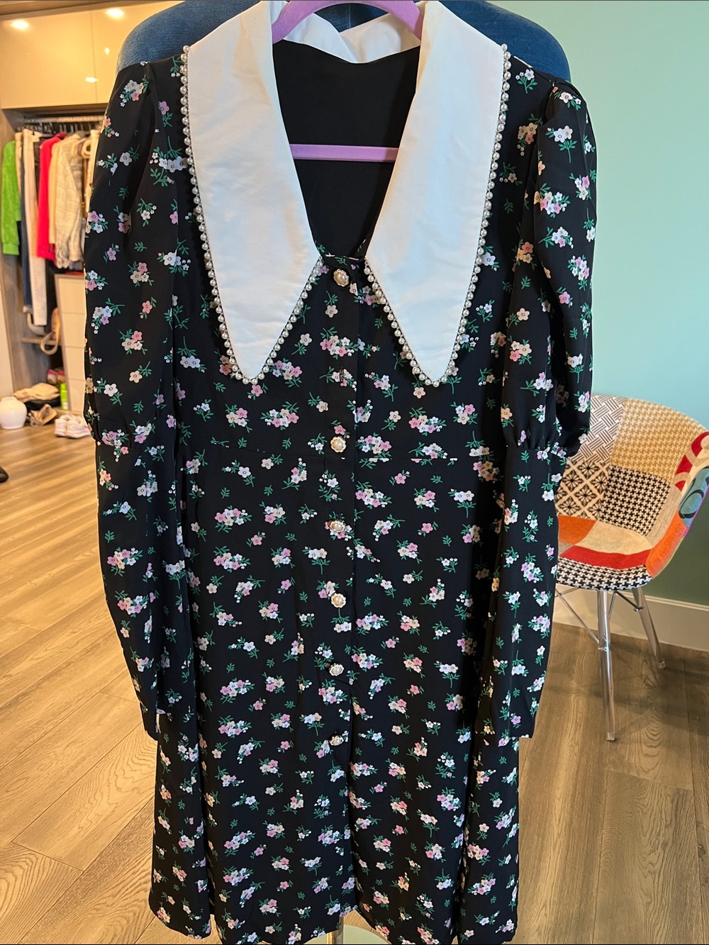 Black Floral Button-Front Dress with White Peter Pan Collar - Picture 1 of 5